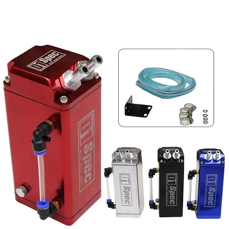 Car engine oil catch tank with perforated pot in black, blue, red, and silver colour options
