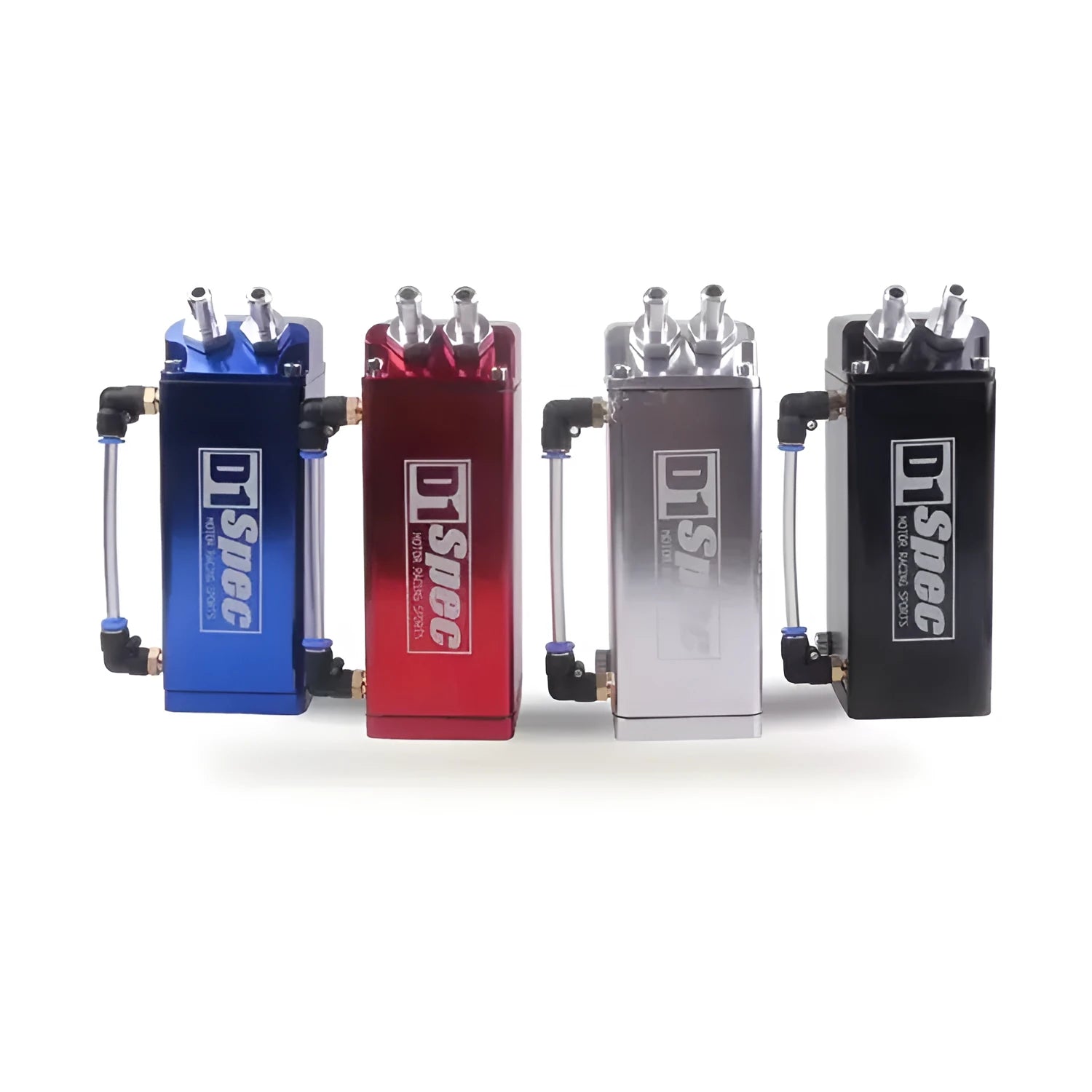 Car engine oil catch tank with perforated pot in black, blue, red, and silver colour options