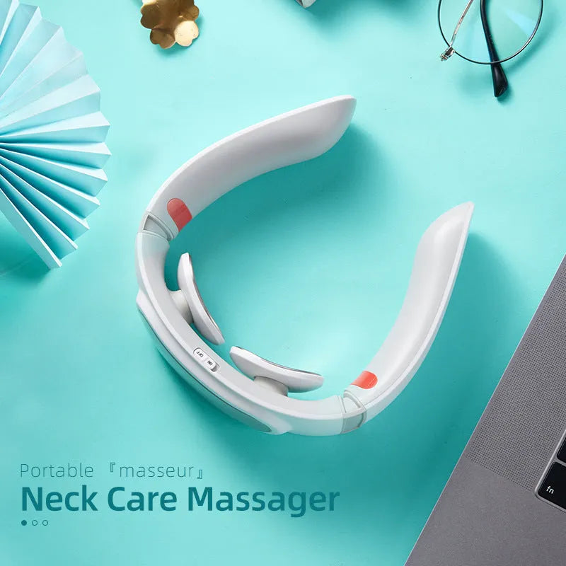 Grey white neck care massager with ergonomic design, voice control, and Bluetooth player