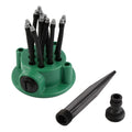 Green adjustable lawn sprinkler with bendable plastic nozzles on circular base