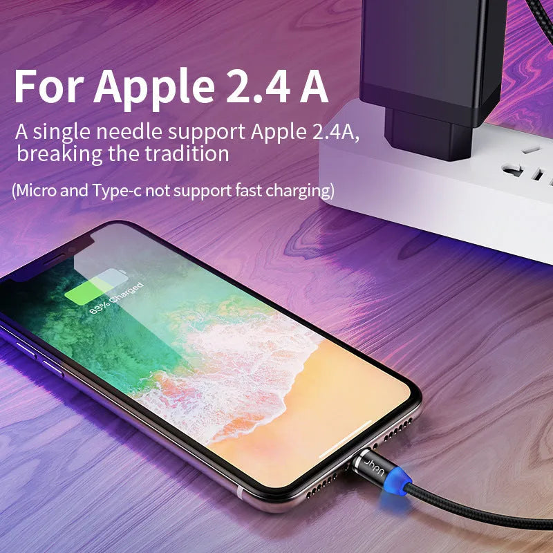 Black magnetic data cable with branching connector showing detachable iPhone, Micro USB, and Type-C magnetic heads.