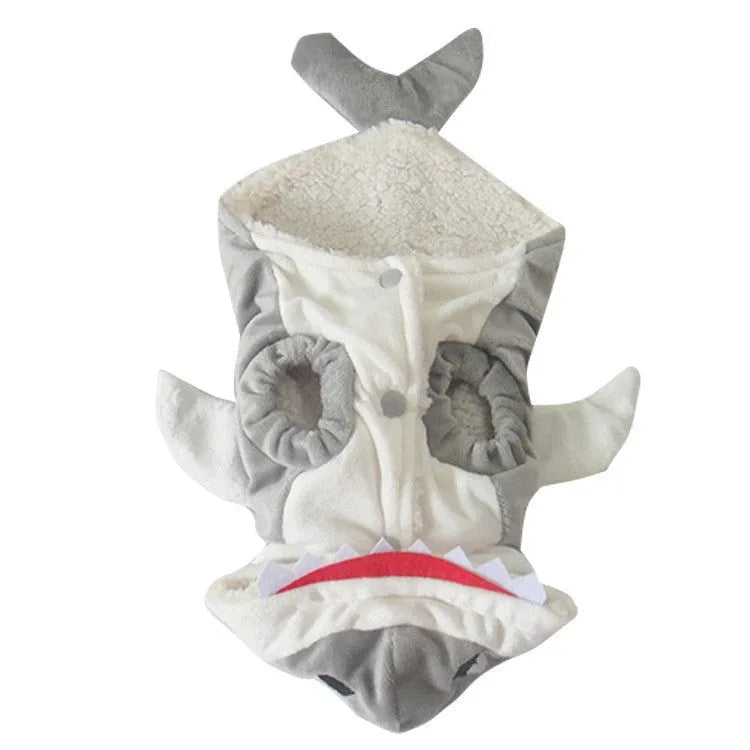 3D shark suit cosplay costume in blue or grey shearing fabric with embroidered eyes and zigzag-cut mouth