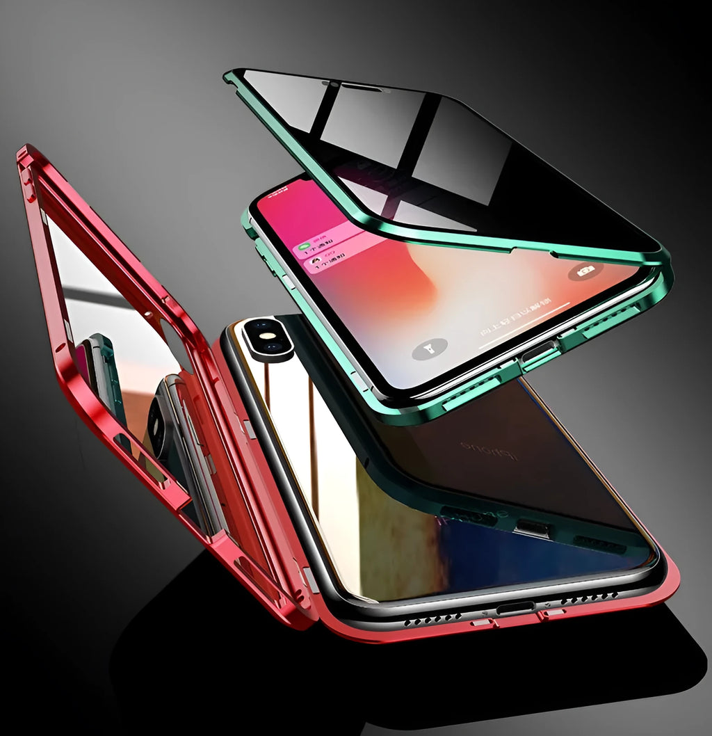 Magnetic anti-peeping Samsung phone case with clamshell design and double-sided glass construction