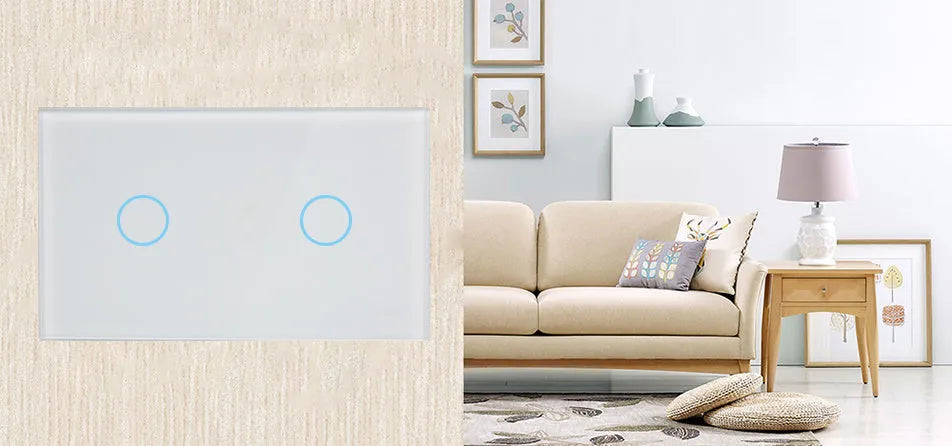 White wireless RF touch light switch with tempered glass panel showing red and blue LED indicators