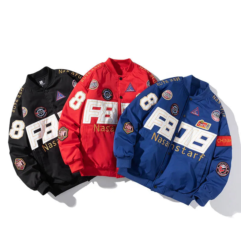 Loose-fitting black American motorcycle baseball jacket with detachable hood on a hanger