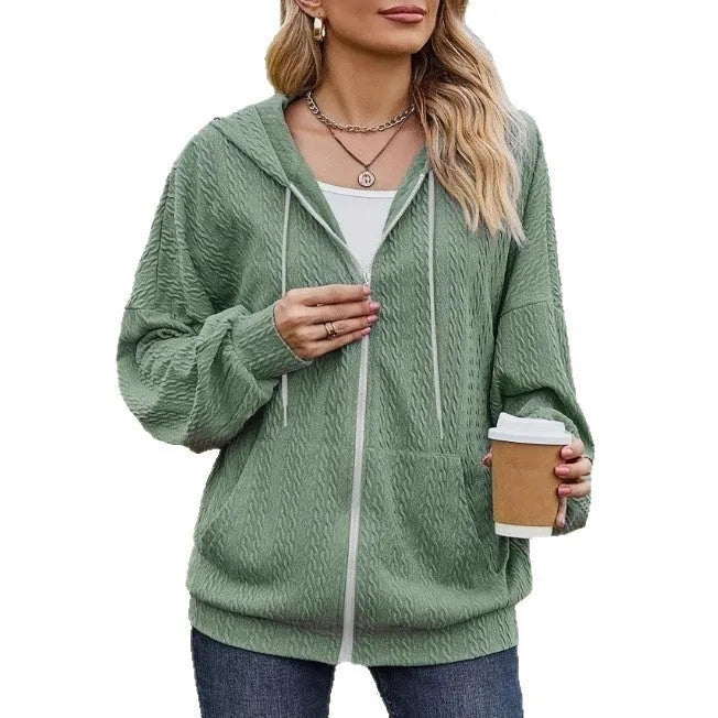 Green women's hooded zip-up coat sweater in a loose Japanese Korean casual style.