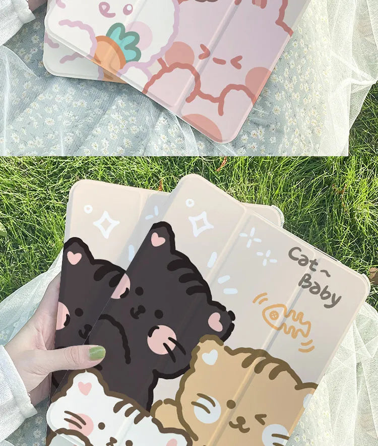 Silicone tri-fold protective case for iPad in cartoon rabbit design, shown in stand mode.