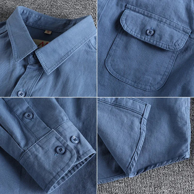 Men's light blue cotton long sleeve cardigan style shirt on hanger