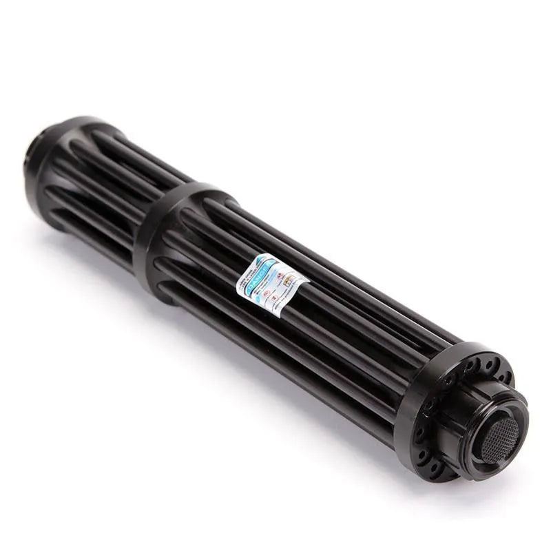 Black anodised aluminium blue laser flashlight with tail switch, shown next to an 18650 battery.