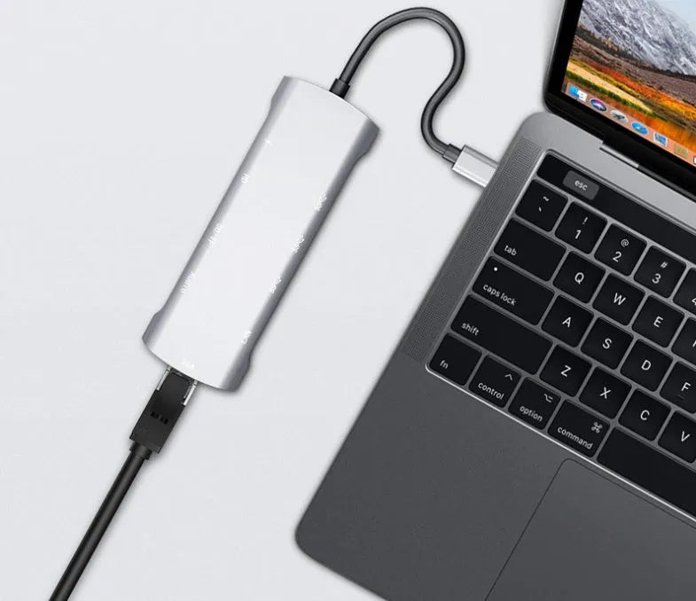 Grey USB-C docking station with HDMI, VGA, USB 3.0 ports and 140mm cable