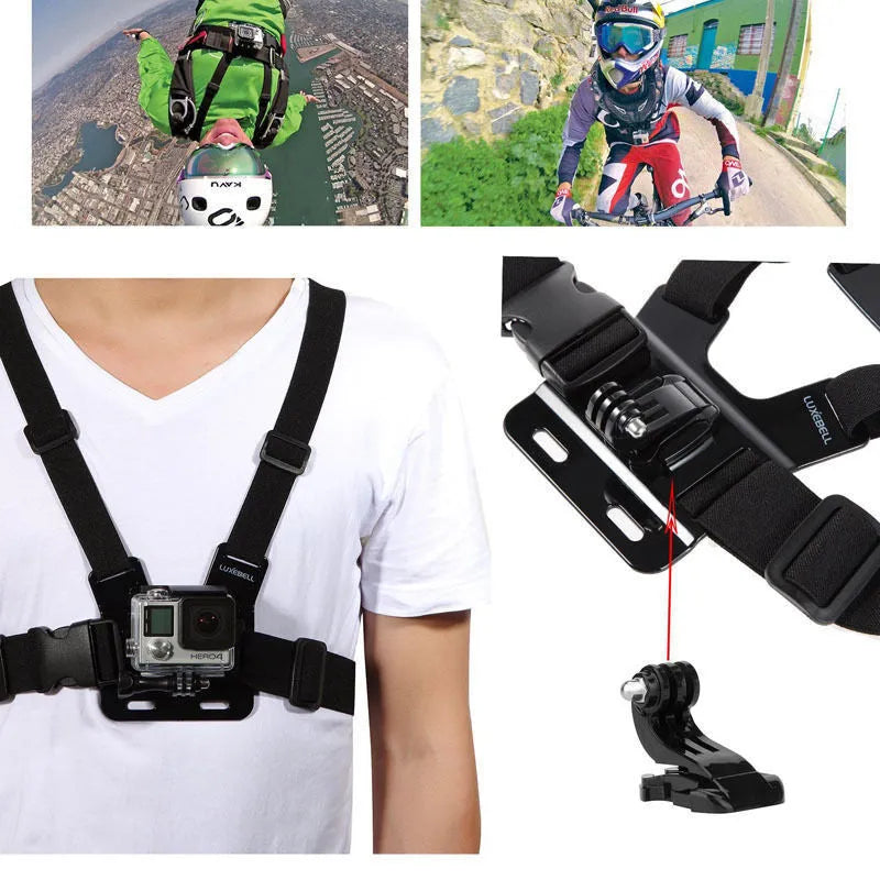 Black sports camera accessories set for action camera mounting and hands-free filming