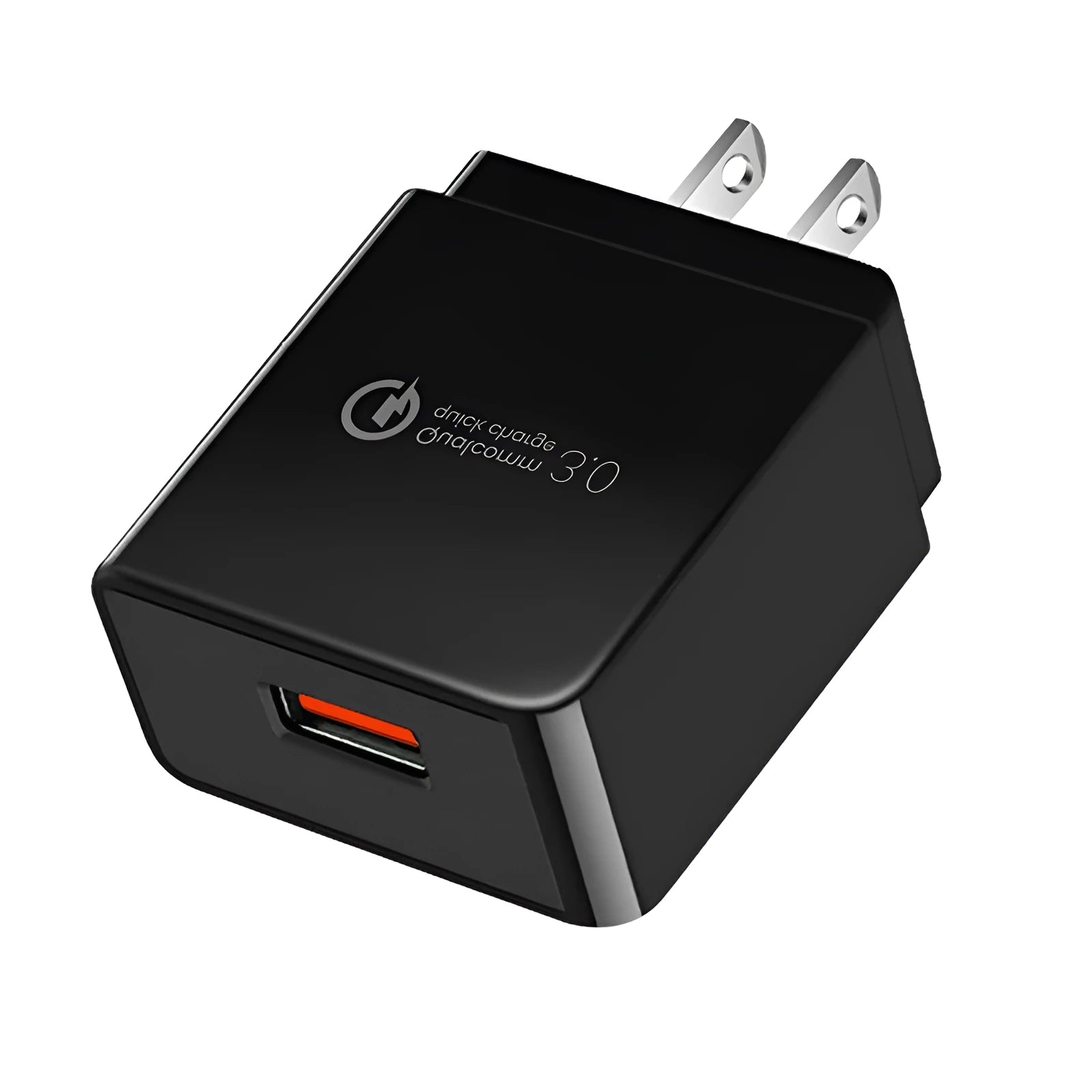 QC3.0 fast charger ETL certified in bright black with sub-black accents, PC fireproof material, EU plug