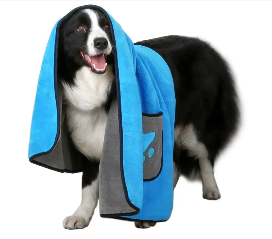 Pet bath towel in blue with 800g superfine absorbent fibre on both sides for fast drying
