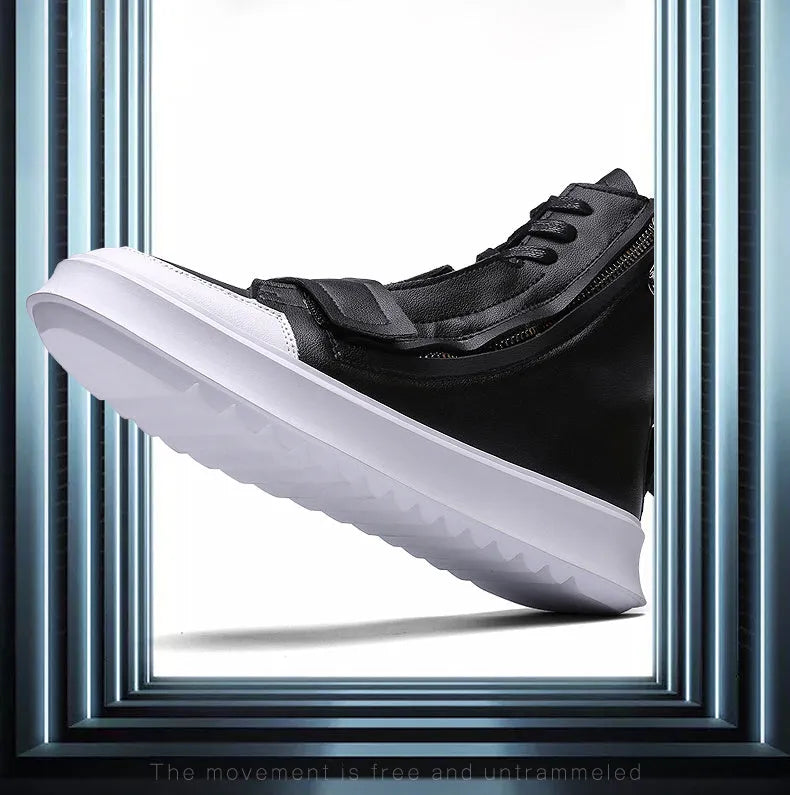 Men's black PU leather high-top winter ankle boots on a white background, showing sneaker-style design.