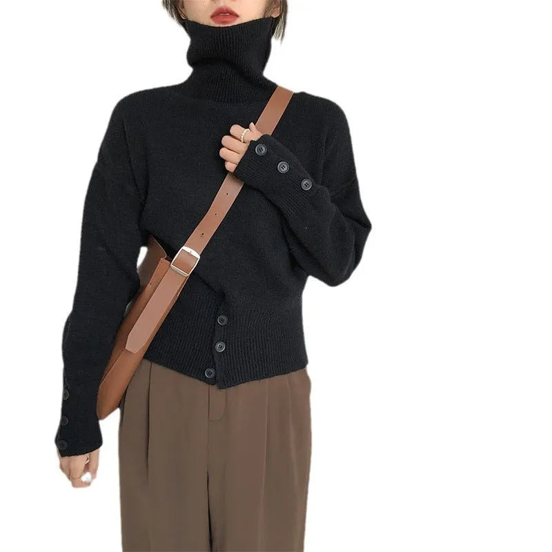 High waist button front knit sweater pullover in free size, available in seven colours including white, khaki, brown, green, gray, black and purple.