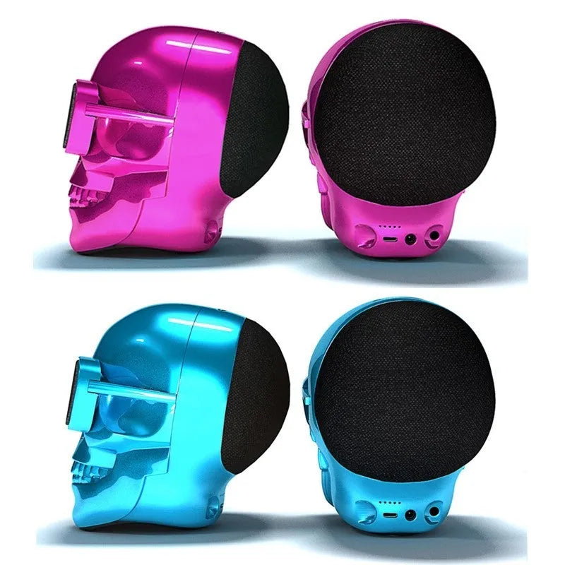 Limited edition skull design wireless Bluetooth speaker showing colour options and compact portable dimensions