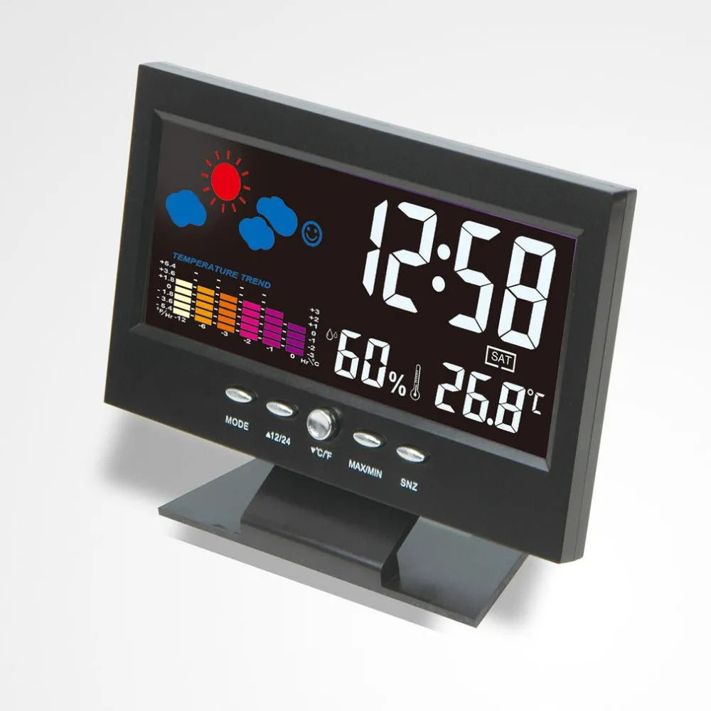 Multi-function large screen perpetual calendar clock showing time and date with voice-activated backlight in black finish