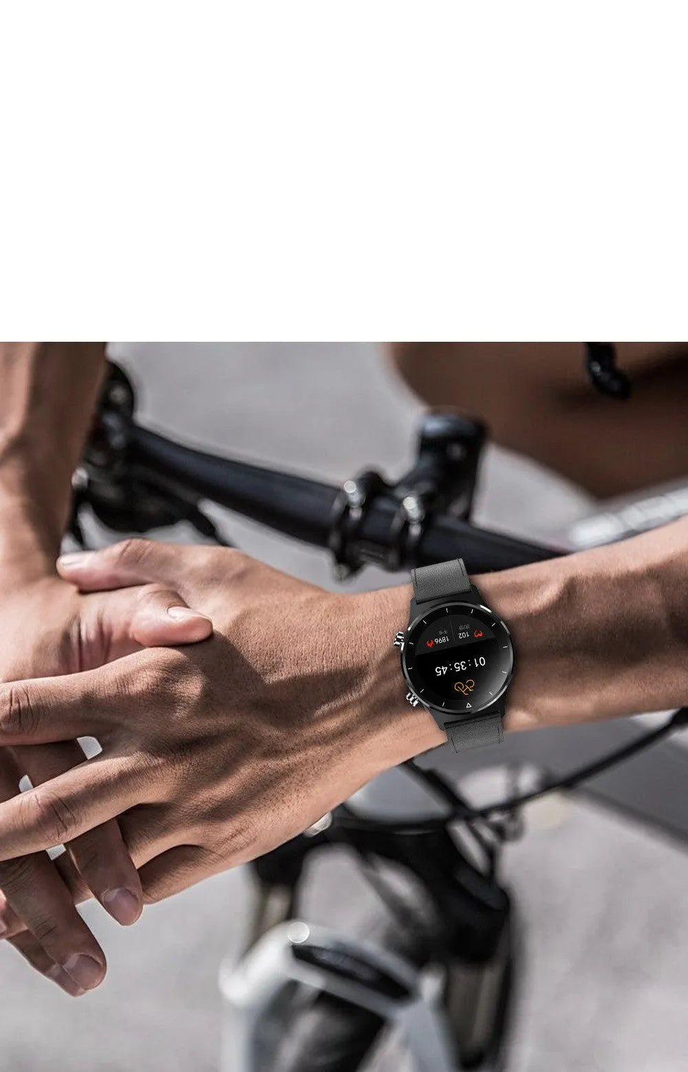 Black Bluetooth smart watch with alloy dial and silicone strap showing health tracking features