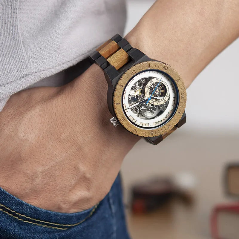 BOBO BIRD W-R05 brown automatic mechanical wood watch for men with 47.9mm wood bezel