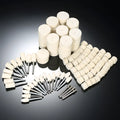 129 piece polishing wheel kit with white wool brushes and metal handles on a table
