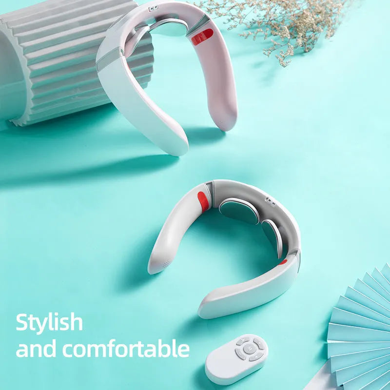 Grey white neck care massager with ergonomic design, voice control, and Bluetooth player