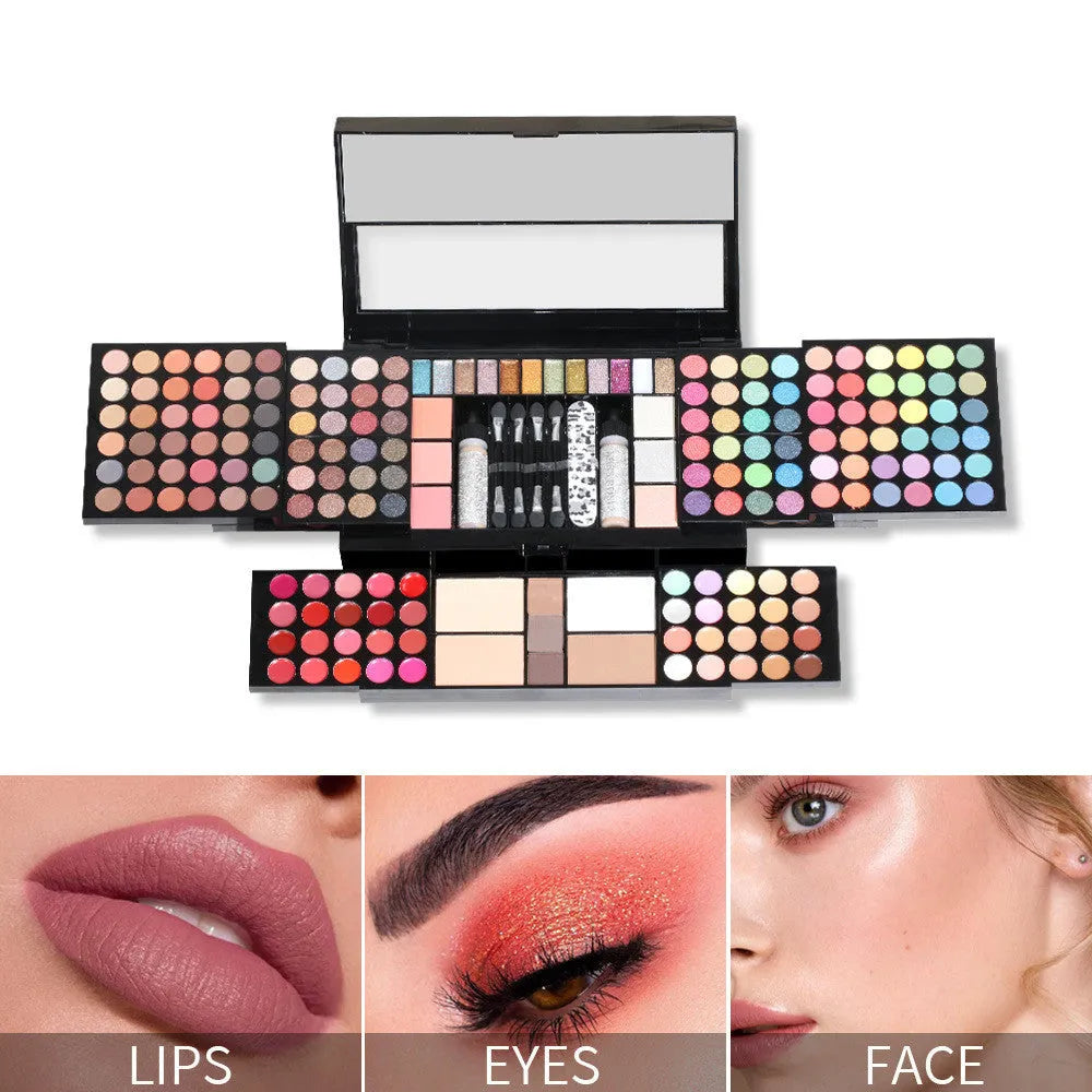 120 colour matte eye shadow palette in compact case with solid pink, purple, brown, and blue shades