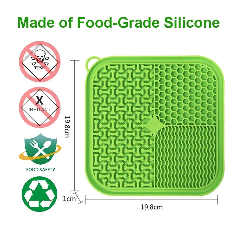 Blue silicone dog lick mat with suction cups on back, textured surface for slow feeding