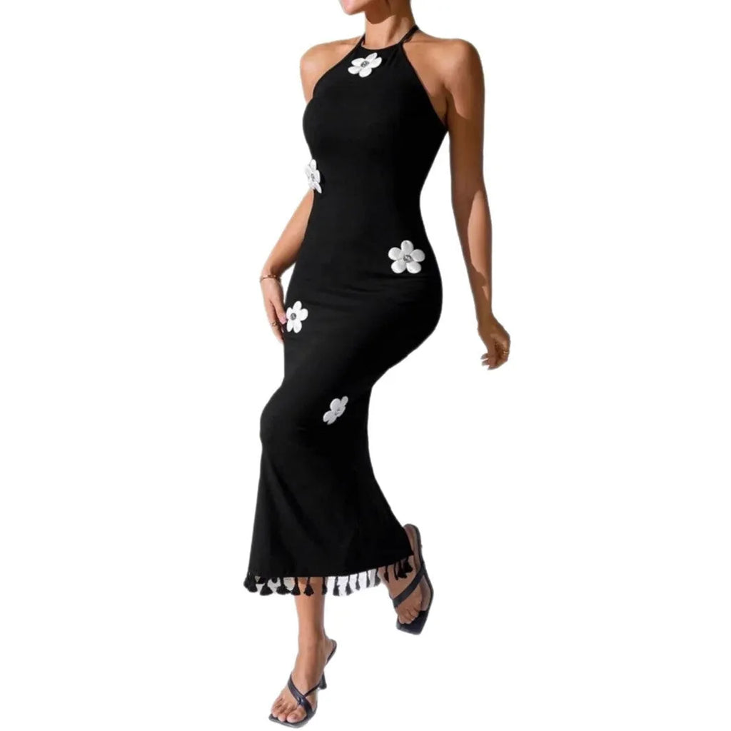 Black slim fit long small turtleneck dress with high waist and sleeveless cut in polyester fabric