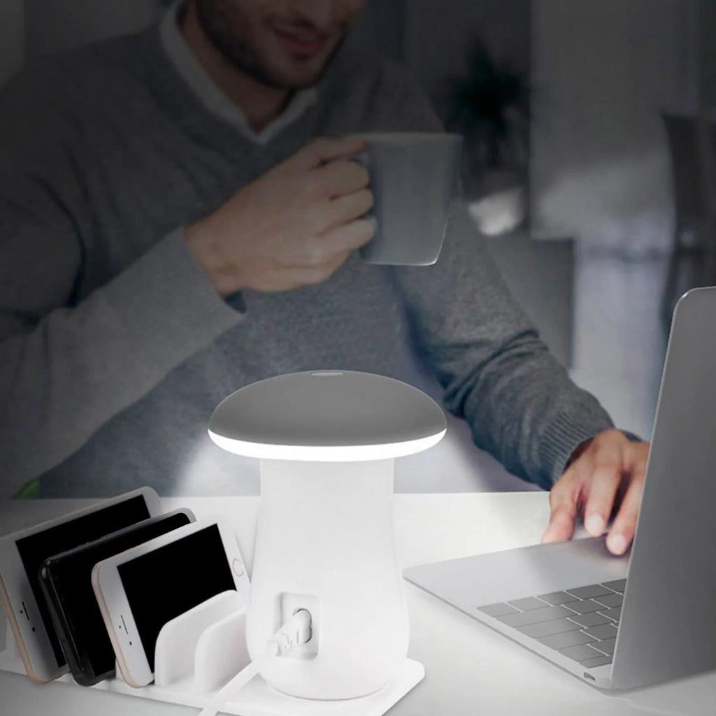 Mushroom-shaped white LED desk lamp with 5 USB charging ports for tablets and smartphones