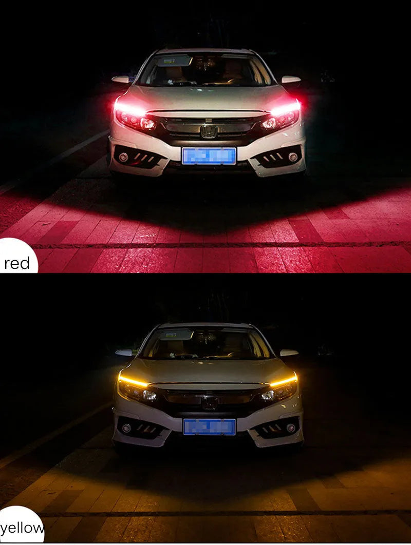 Car LED daytime running light strip with flowing turn signals in silicone waterproof construction