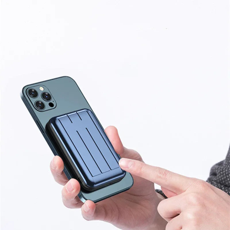 Blue magnetic wireless power bank showing 15W charging and 5000mAh capacity with dimensions 98x64x16mm