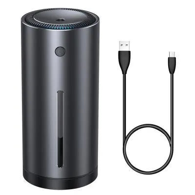 Dark grey aluminum alloy car diffuser humidifier with USB connection for air purification and aromatherapy in vehicles