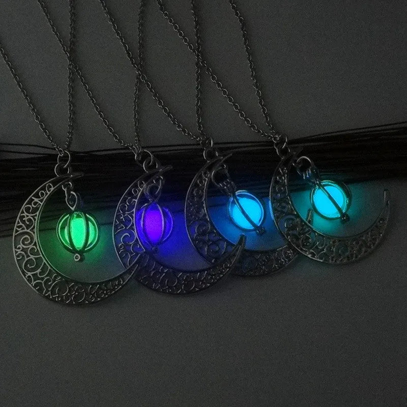 Moon-shaped luminous fluorite pendant necklace with bamboo chain in sky blue colour