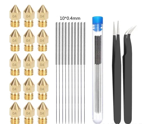 Brass MK8 3D printer nozzle and stainless steel cleaning pin kit with 0.4mm aperture