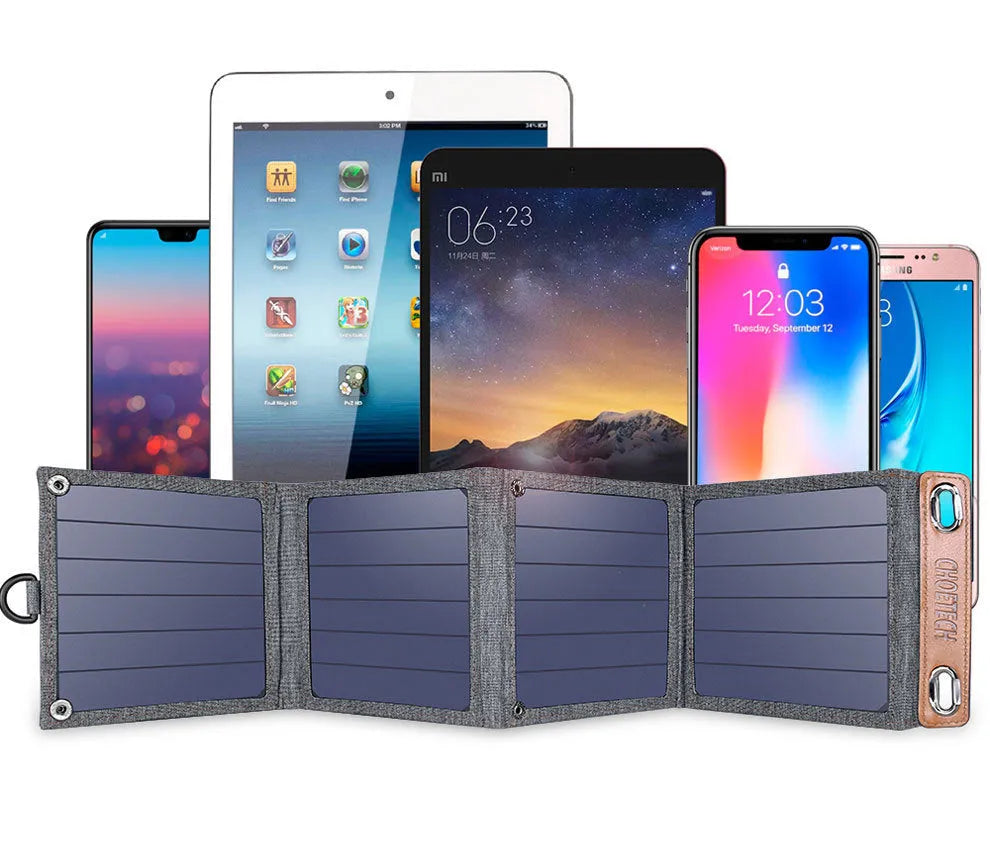 Grey foldable solar charger with USB port for mobile phone and tablet charging outdoors