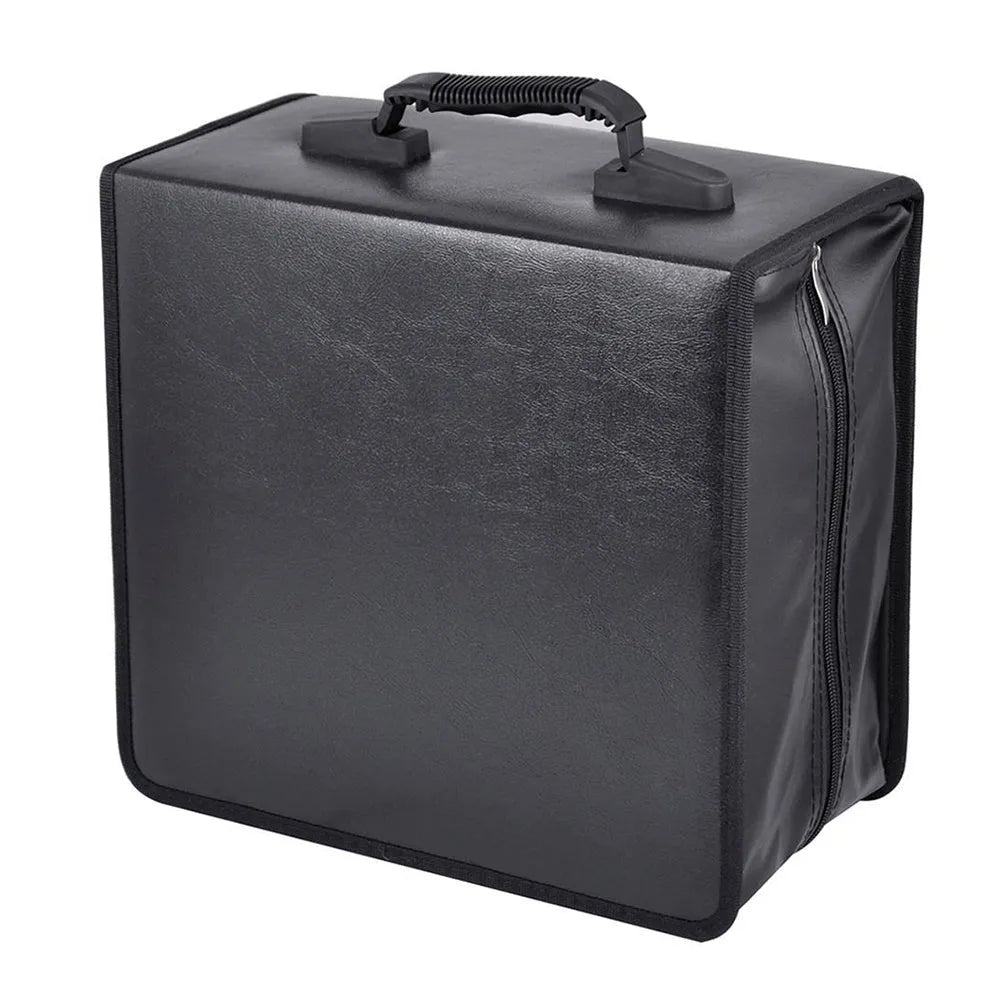Black Oxford fabric CD DVD storage organiser binder with a top hand strap and zipper closure.