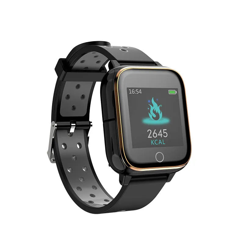 Black smart watch with removable Bluetooth earbuds showing heart rate monitoring on 1.4-inch screen