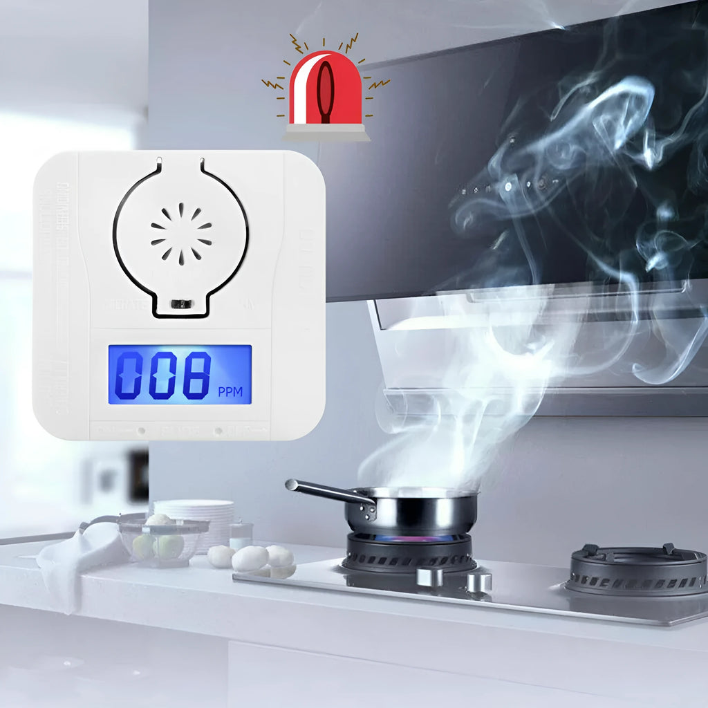 White wall-mounted carbon monoxide alarm unit for detecting CO gas from coal stoves.