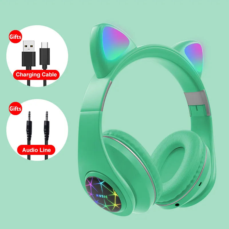 Cat ear style wireless Bluetooth sports headset shown in multiple colour options including pink, blue, and black.