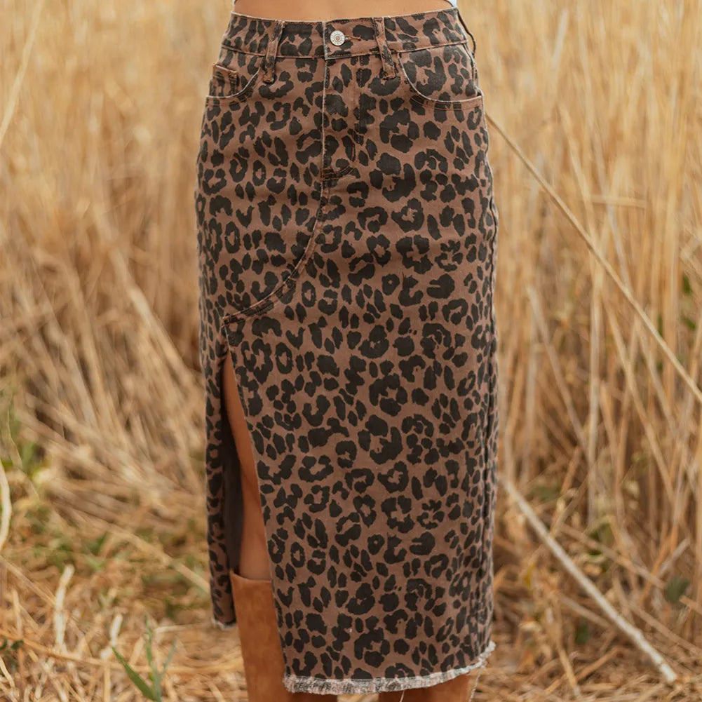 Women's leopard print high waist slit denim skirt in brown, mid-length, side seam detail, size S-XL