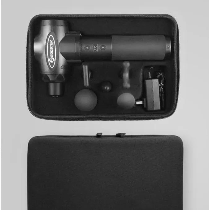 Black and white muscle massage gun with adjustable speed settings for deep tissue relief.