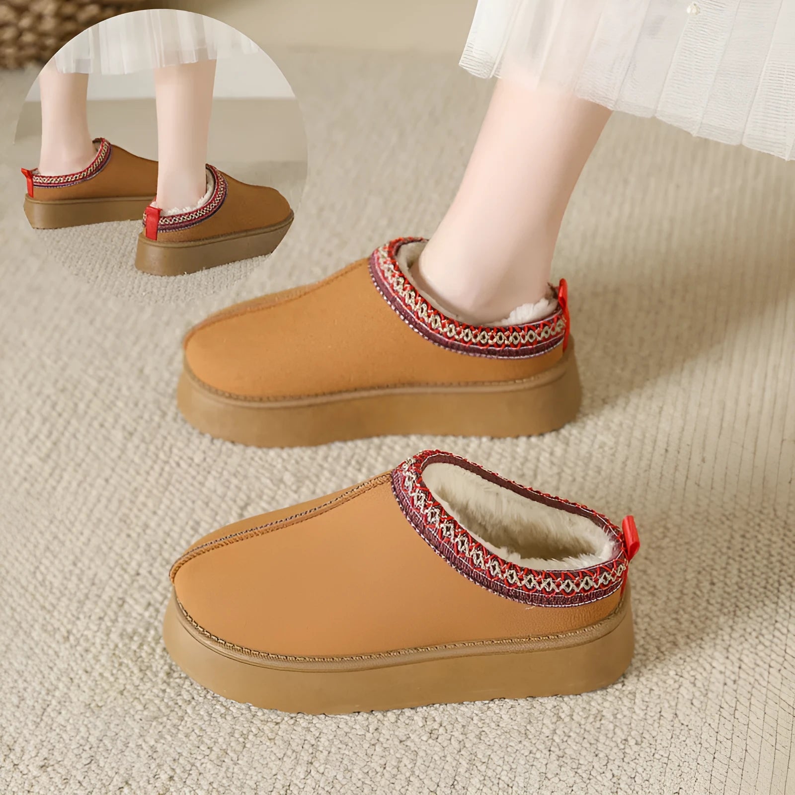 Baotou plush half slippers women's warm fleece thick sole ankle flats in black, khaki, brown
