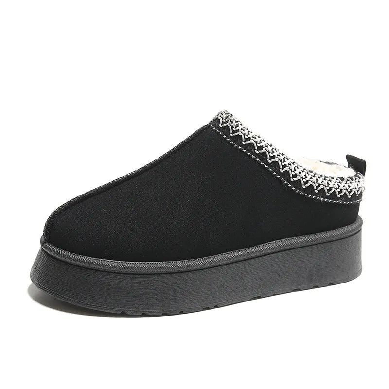 Baotou plush half slippers women's warm fleece thick sole ankle flats in black, khaki, brown