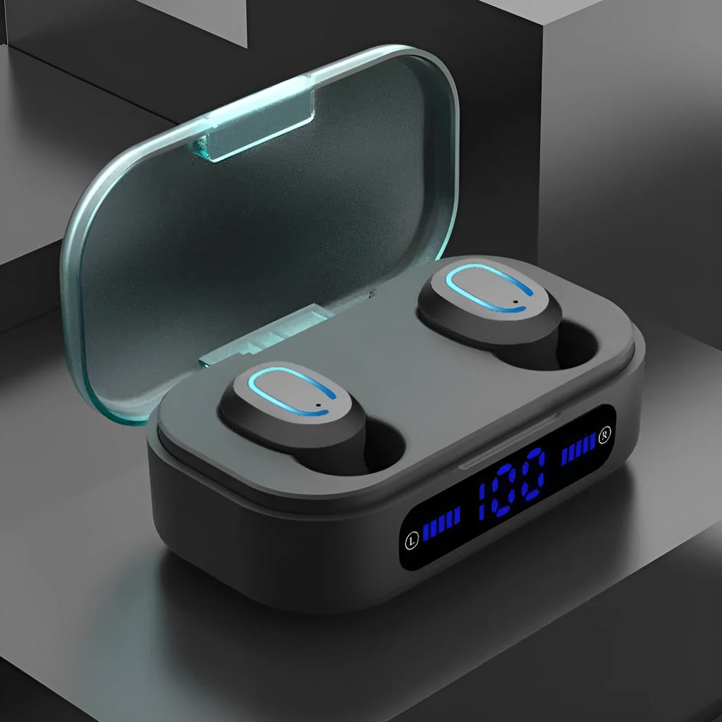 Bluetooth mini headset with digital display in black and white colours with earplug style earbuds