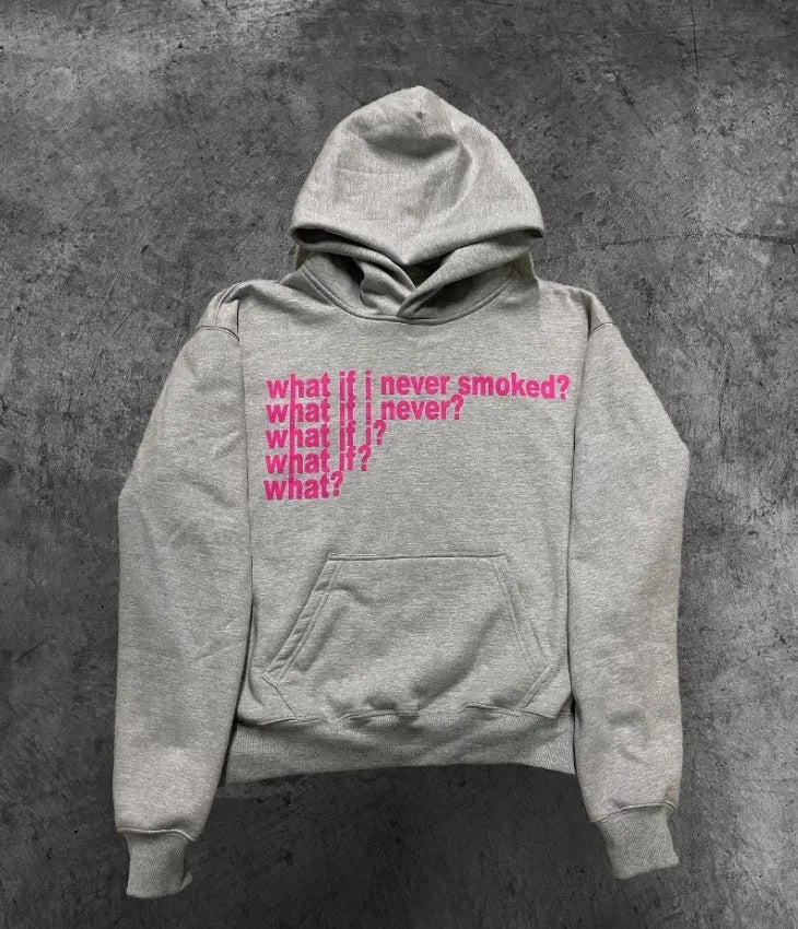 Black heavy hooded sweater with white letter and figure print on the front.