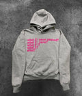 Black heavy hooded sweater with white letter and figure print on the front.