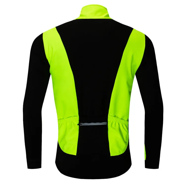 Unisex soft shell thermal fleece cycling jacket in black with green, side view