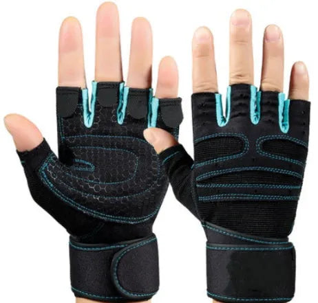 Half finger gym gloves in black fleece with elastic wrist for climbing and cycling sports