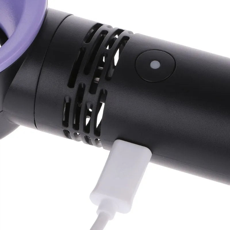 A portable bladeless desk fan with USB charging cable, shown in one of the available colours such as blue, black, or white.