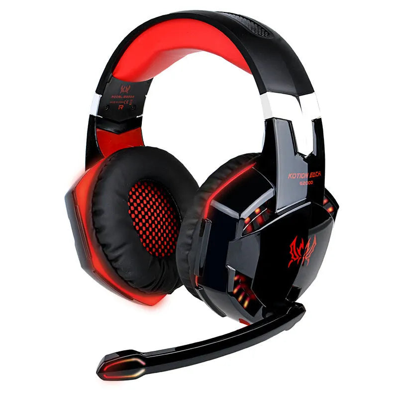 G9000 gaming headset with microphone, black blue colour, over-ear wired design, leather earmuffs, nylon braided cable